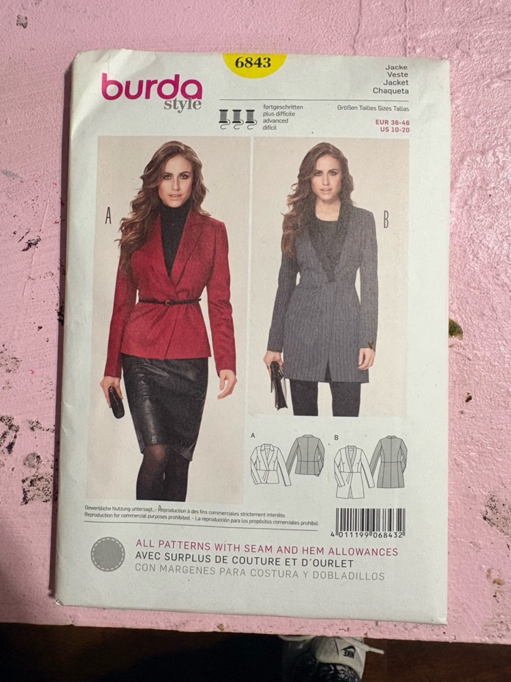 Burda Style 6843 Women's Jacket Pattern - Red and Gray Options